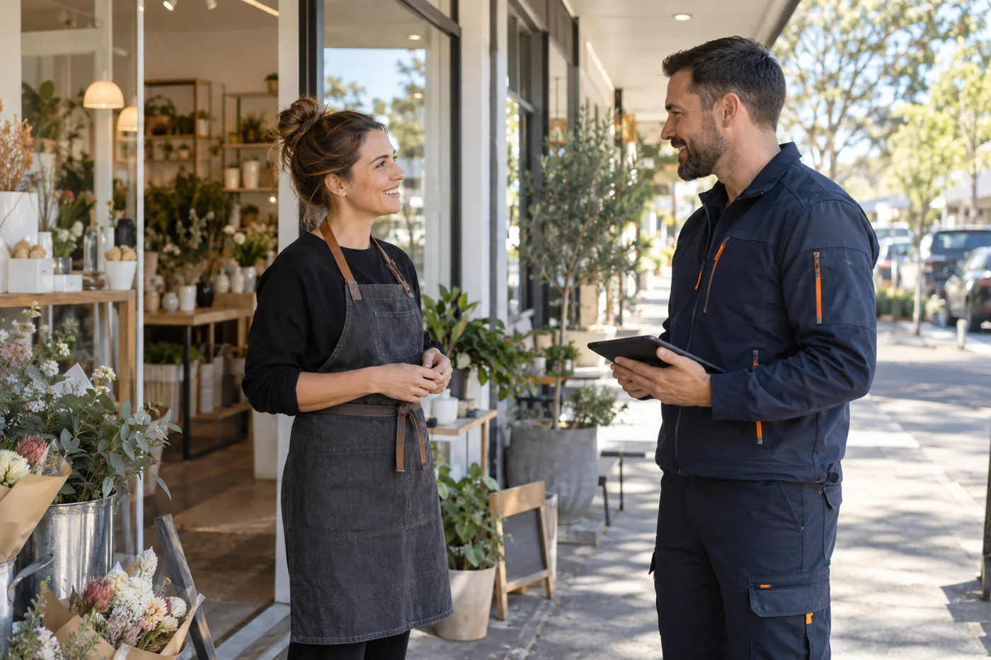Illustrative service professional talking with a local business owner